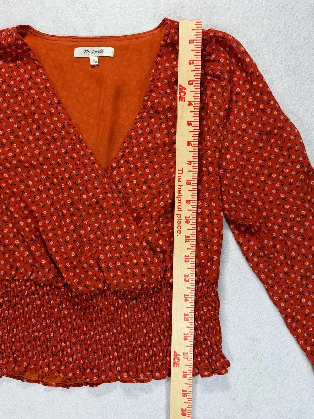 Madewell Red Floral Faux Wrap Wide Elastic Waist Blouse Size Small Puff Sleeve S
